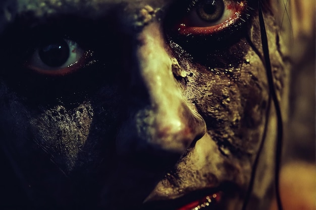 Zbliżenie twarzy zombie z krwią na niej