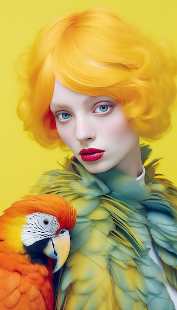 Zbliżenie twarzy Żywe, surrealistyczne ptasie zdjęcie mody w stylu papugi generatywnej sztucznej inteligencji