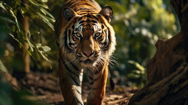 Zbliżenie tygrysa idącego po lesie wygenerowane przez sztuczną inteligencję