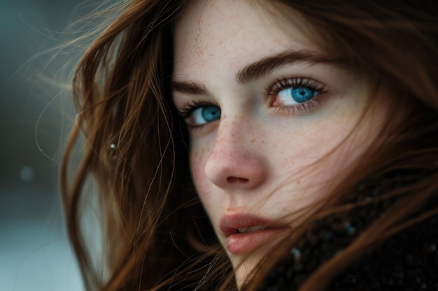 Zbliżenie uchwycające przenikające hipnotyzujące niebieskie oczy kobiety emitujące głębię i emocje przyciągające widzów swoją fascynującą intensywnością