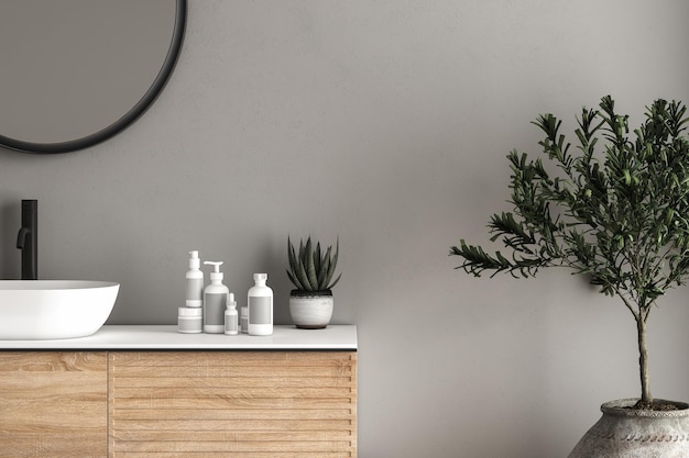 Zbliżenie umywalki z owalnym lustrem stojącym na białej ścianie białej szafce z czarnym kranem w minimalistycznej łazience Widok z boku renderowania 3d