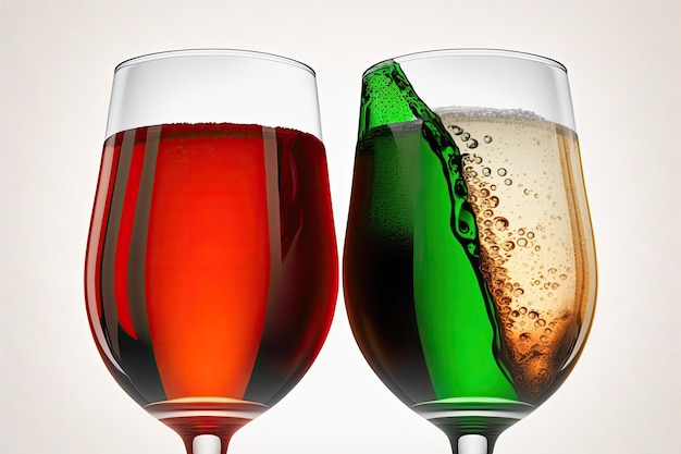 Zbliżenie uroczystego toastu z piwem typu lager i czerwonym winem