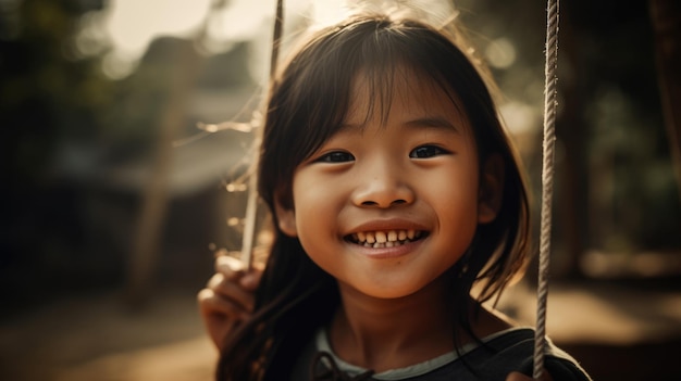 Zbliżenie uśmiechnięta twarz młoda azjatka bawiąca się na huśtawce szczęście dzieciństwo wolność witalność zabawa na świeżym powietrzu beztroskie światło słoneczne Generative AI AIG20