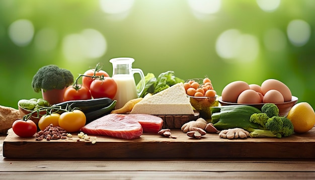 Zbliżenie warzyw, owoców i mięsa na drewnianym stole nad zielonym naturalnym tłem Generatywna AI