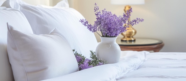 Zdjęcie zbliżenie wazy wypełnionej lawendą na łóżku z białymi pościelami i ozdobionymi poduszkami