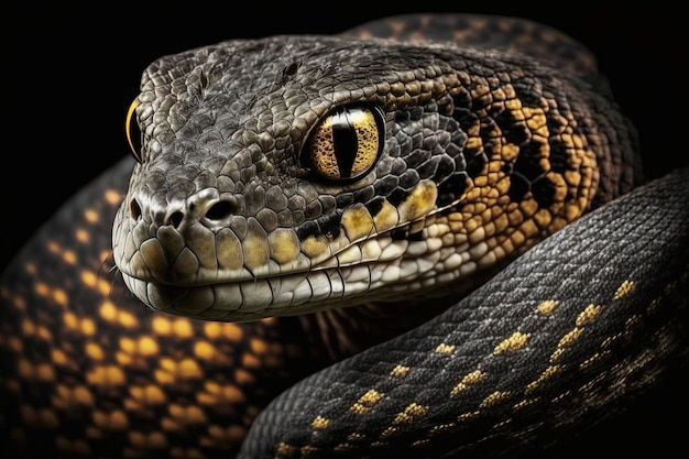 Zbliżenie węża, jego łuskowatej skóry i skomplikowanych wzorów na pełnym wyświetlaczu na czarnym tle Generacyjna sztuczna inteligencja