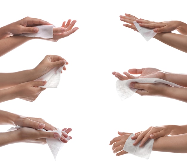 Zbliżenie widok ludzi czyści ręce mokrymi chusteczkami na białym tle kolażu