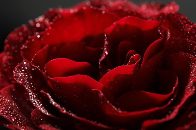 Zbliżenie widok pięknej kwitnącej róży z kroplami rosy na czarnym tle