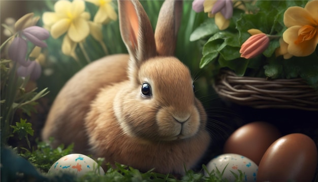 Zbliżenie widok śliczny królik w ogródzie z jajkami na Wielkanocny festiwal