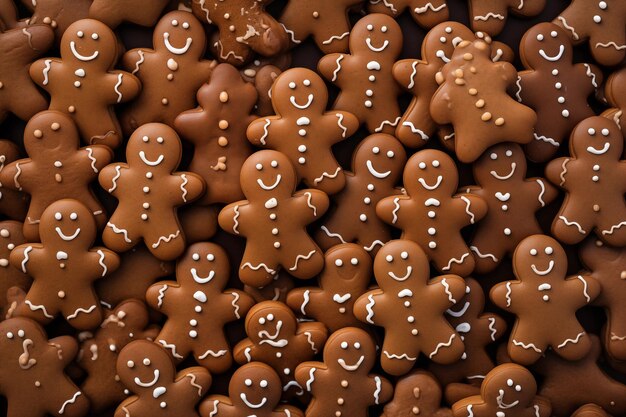 Zdjęcie zbliżenie wielu gingerbread men ciasteczek widok górny bezszwowy wzór