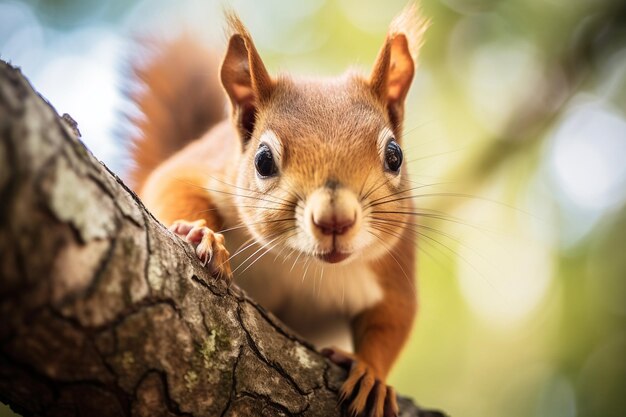Zbliżenie wiewiórki siedzącej na gałęzi dębu