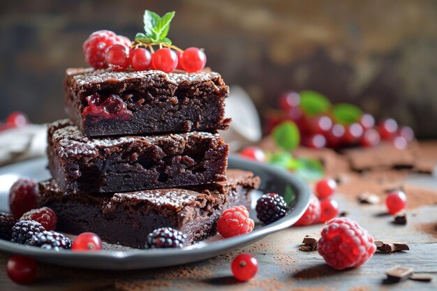 Zdjęcie zbliżenie wilgotnego czekoladowego brownie z orzechem mieszanym na górze nad drewnianym stołem