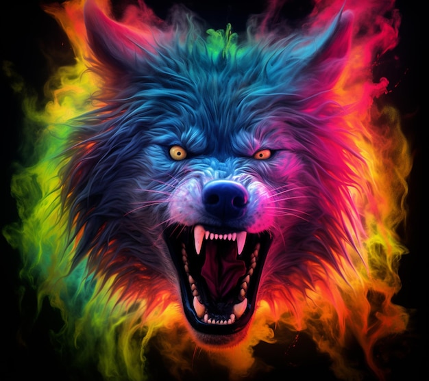 Zdjęcie zbliżenie wilka z kolorową twarzą na czarnym tle generatywny ai