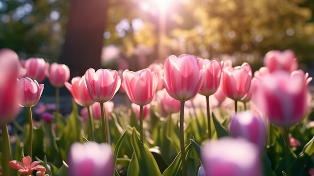 Zbliżenie wiosna natura krajobraz Kolorowe różowe tulipany kwitnące