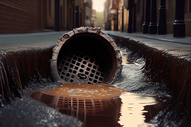 Zdjęcie zbliżenie wody kanalizacyjnej wypływającej na ulicę
