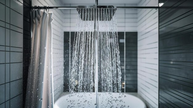 Zbliżenie wody płynącej z prysznica we wnętrzu łazienki