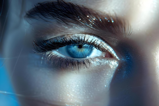 Zbliżenie wspaniałych niebieskich oczu z długimi rzęsami i pięknym makijażem idealne dla reklamy kosmetycznej Koncepcja Fotografia Piękna Makiaż oczu Długie rzęsy Zbliżenie zdjęć Reklama kosmetyczna