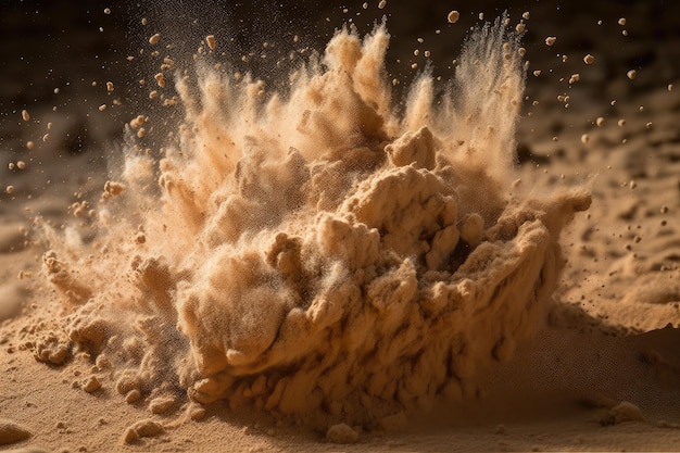Zdjęcie zbliżenie wybuchu piasku z widocznymi pojedynczymi ziarnami