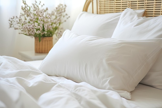 Zbliżenie wygodnego łóżka z miękkimi białymi poduszkami