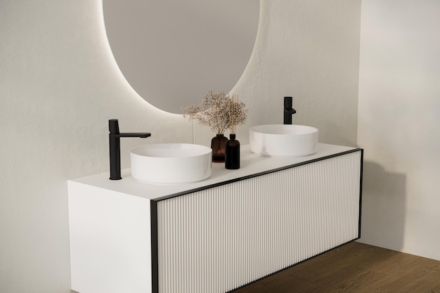 Zbliżenie wygodnego podwójnego umywalki z dwoma okrągłymi lusterkami stojącymi na drewnianym blacie w nowoczesnej łazience z białymi ścianami