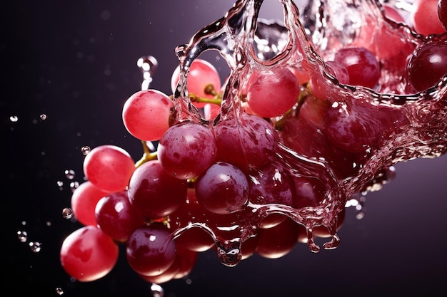 Zbliżenie wylewania soku z winogron do szklanki z efektem rozpryskiwania