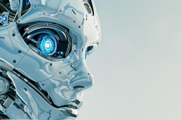 Zbliżenie wyrafinowanej głowy robota z ludzką twarzą i niebieskim oświetlonym okiem pokazującym skomplikowany projekt sztucznej inteligencji