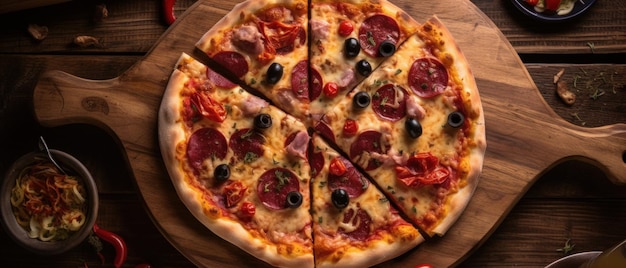 Zbliżenie wyśmienicie i apetyczna pizza z rozciekłym serem na drewnianej desce Generative AI