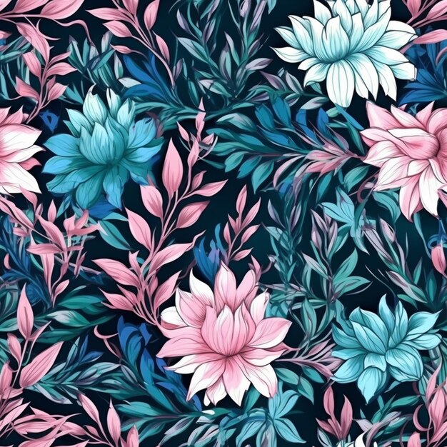 Zdjęcie zbliżenie wzoru kwiatowego z różowymi i niebieskimi kwiatami
