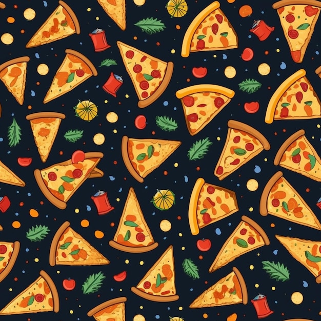 Zbliżenie wzoru plasterków pizzy na czarnym tle generatywnego ai