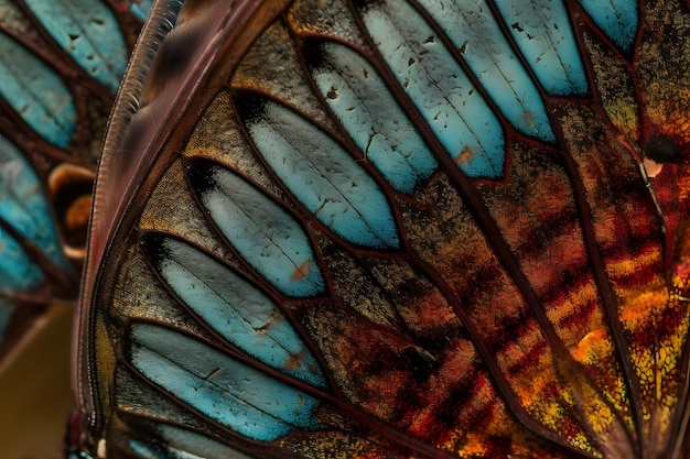Zbliżenie wzoru skrzydła motyla w żywych kolorach ze skomplikowanymi szczegółami i teksturami Generative ai