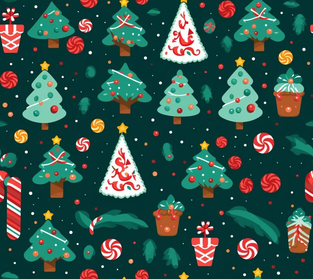 zbliżenie wzoru świątecznego z drzewami i cukierkami generatywne ai