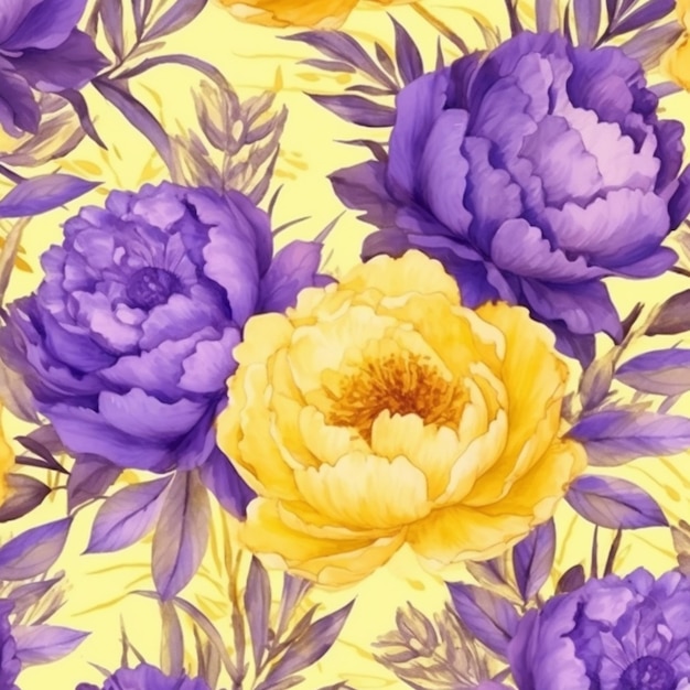 Zbliżenie z garstką fioletowych i żółtych kwiatów generatywnych ai