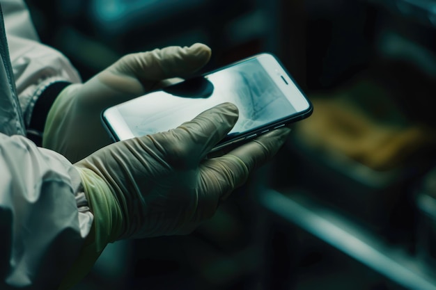 Zbliżenie z ręką technika w rękawiczce naprawiającego smartfon