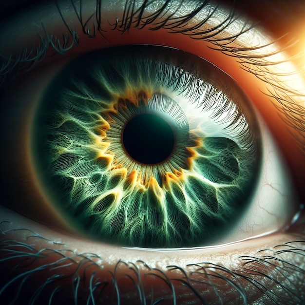 Zbliżenie z szczegółami osób z zielonym okiem wygenerowane przez AI