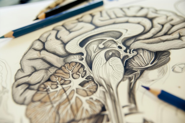 Zdjęcie zbliżenie zacienienia ołówkiem w płatkach mózgu na szkice