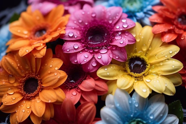 Zbliżenie zbiorka jasnych kolorowych kwiatów z kropelkami wody