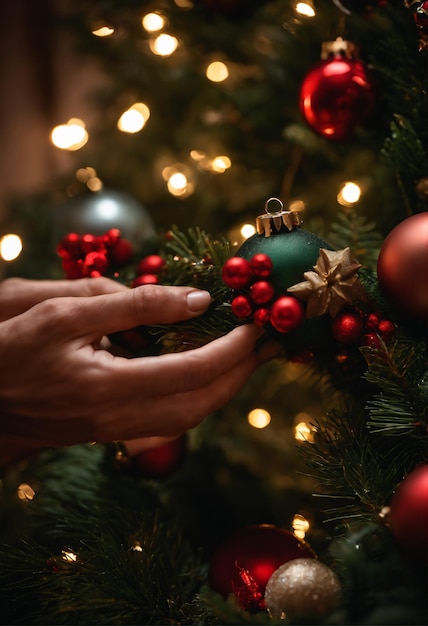 Zdjęcie zbliżenie zdjęcia pary rąk starannie układających ozdoby na wieniec świąteczny