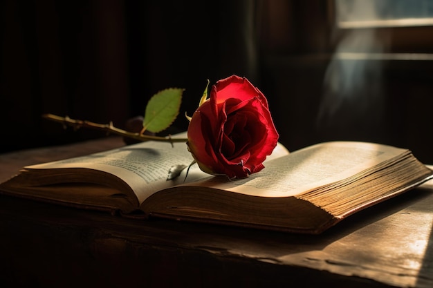 zbliżenie zdjęcie czerwonej róży na otwartej księdze leżącej na rustykalnym drewnianym stole