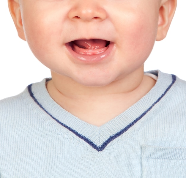 Zbliżenie Zdjęcie Happy 6 Miesięcy Usta Dziecka. Nagie Dziąsła Bez Zębów.