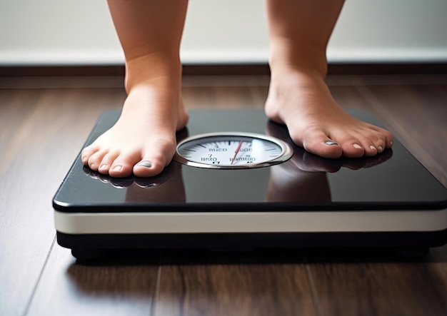 Zdjęcie zbliżenie zdjęcie nogi kobiety stąpającej po podłodze waży w pomieszczeniu miejsce na tekst problem z nadwagą
