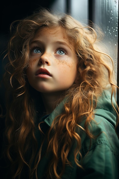 Zbliżenie zdjęcie stockowe małej dziewczynki wyglądającej przez okno