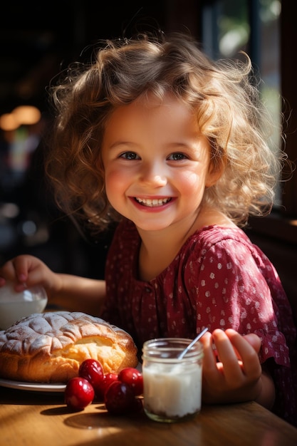 Zbliżenie Zdjęcie stockowe młodej dziewczyny jedzącej chleb z dżemem malinowym