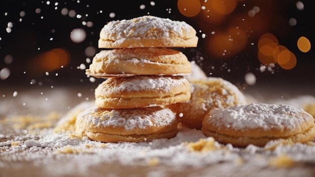 Zbliżenie zestawu złotych ciasteczek, z których każde ozdobione jest cukrem w proszku.