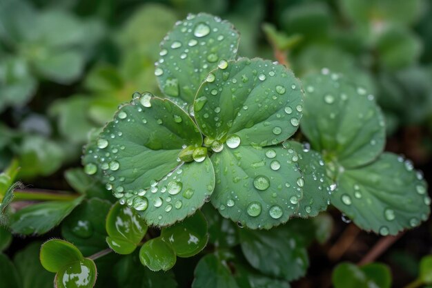 Zbliżenie zielona roślina z kropelkami rosy na liściach