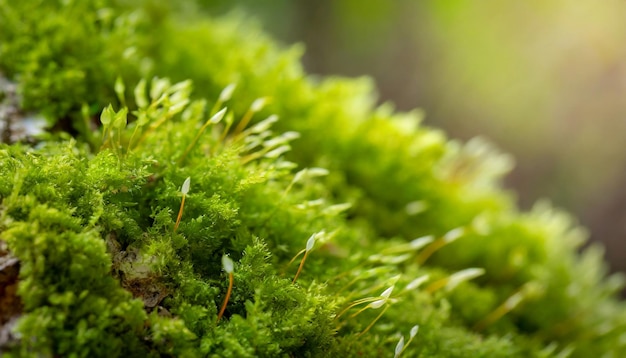 Zbliżenie zielonego mchu na drzewie szczegóły elementów przyrody lato naturalne tło