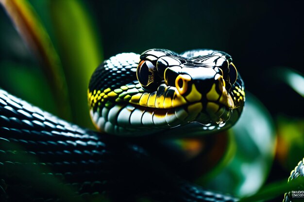 Zbliżenie zielonego węża w dżungli rozmyte tło scena dzikiej przyrody AI Generate