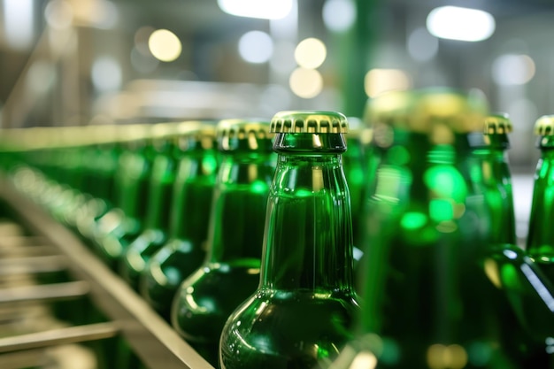 Zbliżenie zielonych szklanych butelek piwa na produkcji