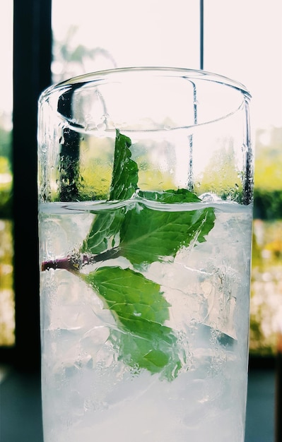 Zdjęcie zbliżenie zimnego napoju z miętą w szklance