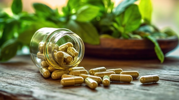 Zdjęcie zbliżenie ziołowego lekarstwa w kapsułkach z liści ziołowych na drewnianym stole zdrowe jedzenie z naturalnym produktem dla dobrego życia