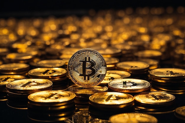 zbliżenie złotych bitcoinów na ciemnej powierzchni odblaskowej i histogram malejącego krypto